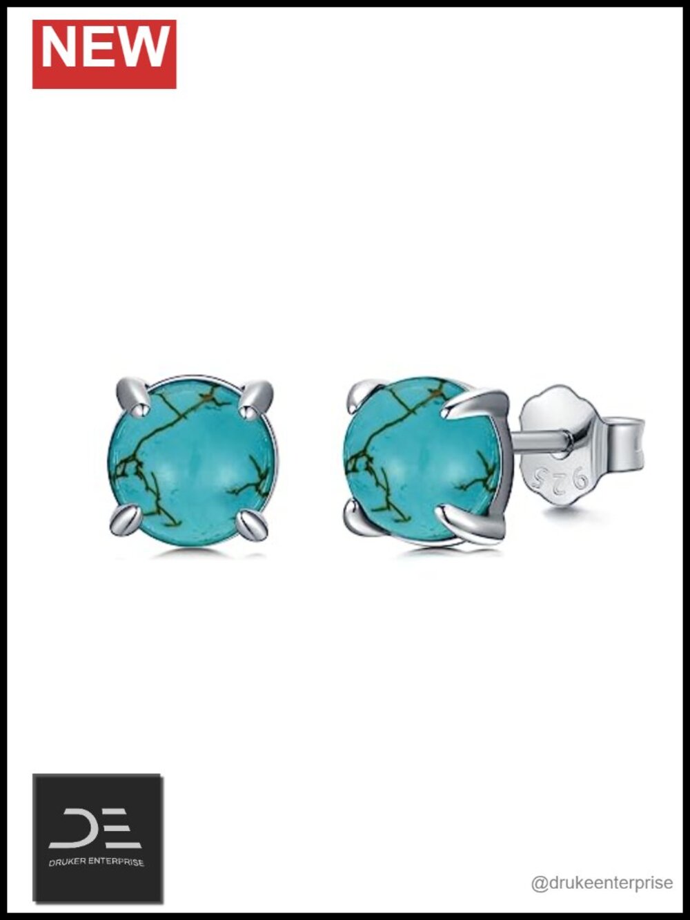Turquoise Stud Earrings 925 Sterling Silver Round Gemstone Jewelry Gift